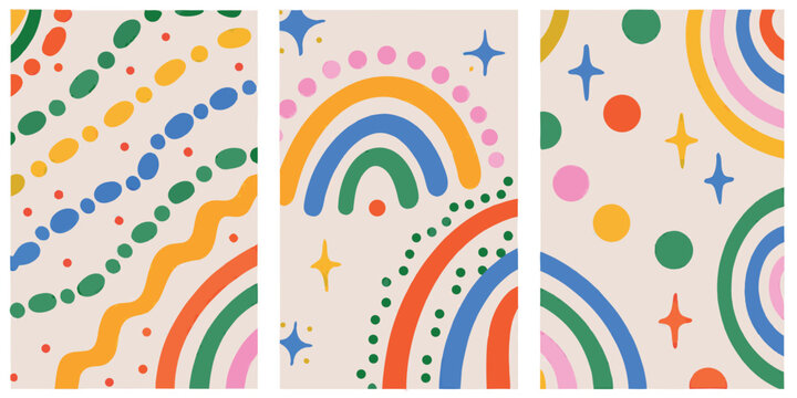 Abstract rainbow patterns with colorful shapes and stars boho aesthetic.