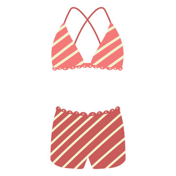 Red Striped Bikini with Shorts, Hand drawn Vector Illustration for Sporty Summer Beachwear