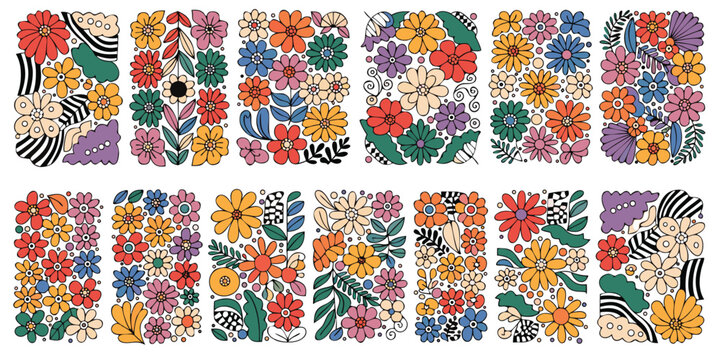 Retro floral patterns with groovy flowers and leaves in vibrant colors.