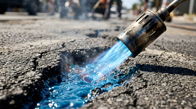 propane torch asphalt repair process | fixing road cracks with blue flame | industrial asphalt maintenance heating tool | thermal pothole patching close up