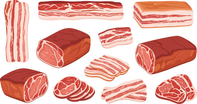 Assorted bacon and pork cuts vector set. Hand-drawn raw and crispy bacon strips, pork blocks, and sliced pork pieces. Perfect culinary and food illustrations for cooking projects.