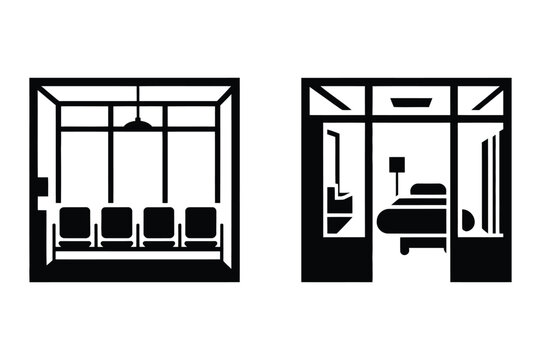 Black silhouette waiting room with chairs and medical exam room icon, hospital