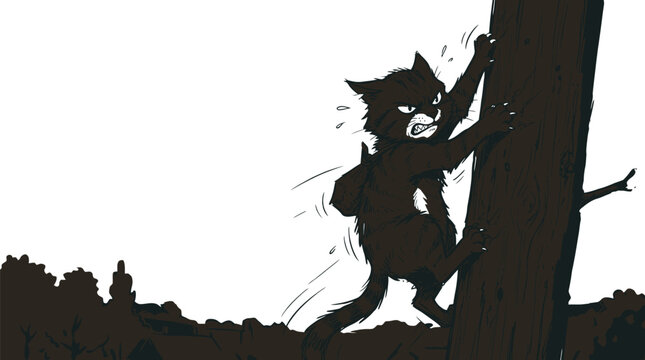 Angry cat climbing a tree with a fierce expression