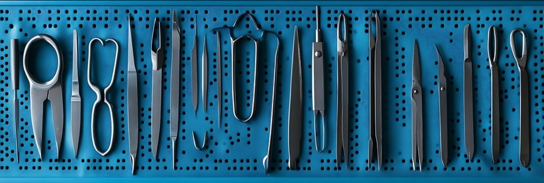 Surgical instruments on blue pegboard for medical and laboratory use