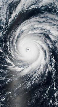 Massive swirling storm cloud system with a distinct eye, seen from above