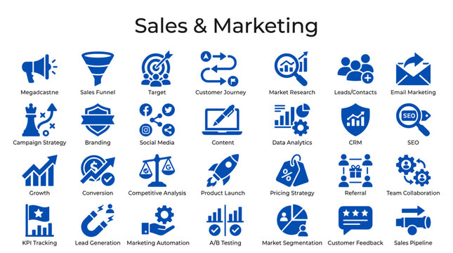 Sales and Marketing Strategy Icons Business Growth Concepts Digital Marketing Analytics and Customer Journey Visuals