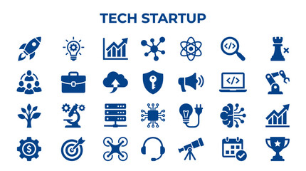 Tech Startup Innovation Icons and Symbols Representing Business Growth Technology Development and Strategy © Iconique Studio