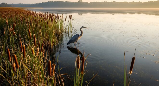 Great blue heron in marshland at sunrise peaceful wildlife scene
