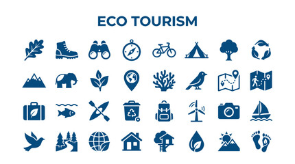 Fototapeta premium Eco Tourism Icons Set Nature Adventure Travel Activities Symbols