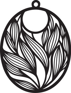 Black, oval, leafy pendant design, vector illustration, jewelry template, floral pattern