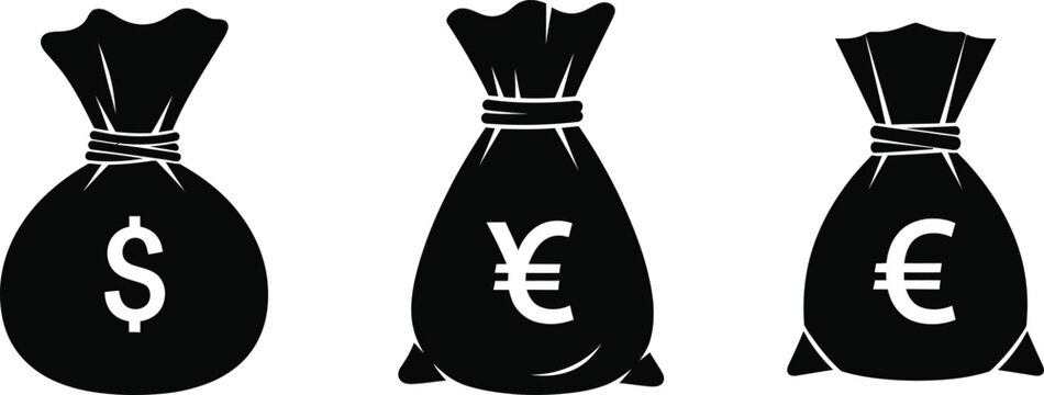 Currency symbols in money bags dollar yen and euro icons