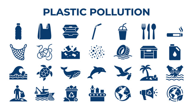 Plastic pollution concept icons representing waste and environmental damage affecting wildlife and oceans