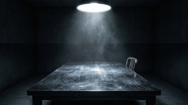 Empty Interrogation Room Metal Table Under Harsh Spotlight in Dark Noir Interior