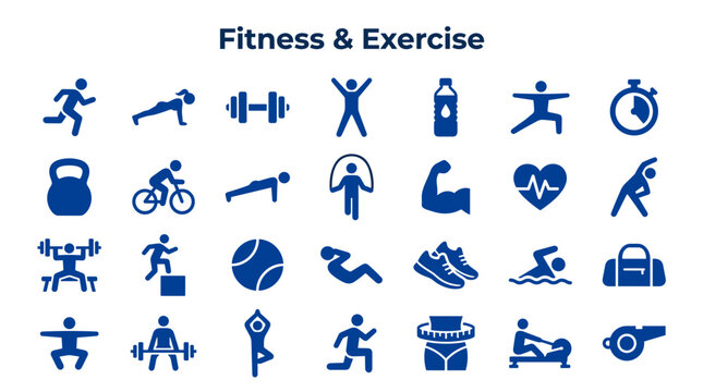 Collection of blue fitness and exercise icons representing various sports activities and healthy lifestyle choices on a white background