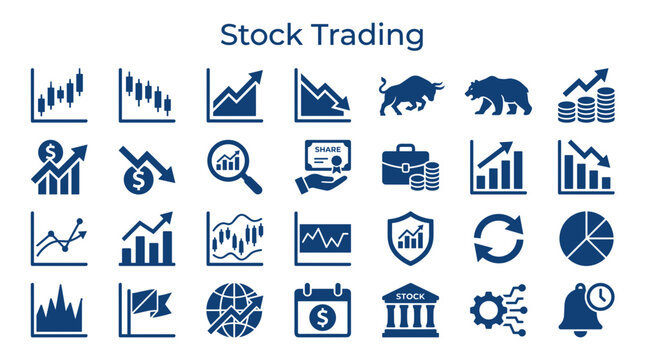 Stock Trading Icons and Symbols Representing Financial Markets and Investment Growth