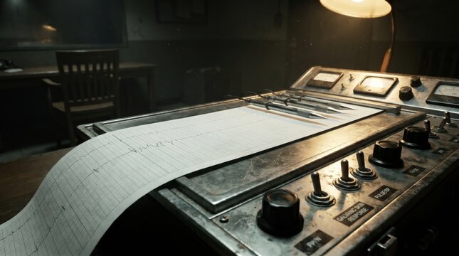Vintage Polygraph Lie Detector Machine in Dark Interrogation Room With Dramatic Light