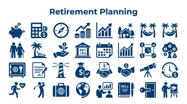 Retirement Planning Icons Representing Financial Security Future Savings Investment Growth and Lifestyle Choices