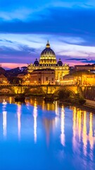 Fototapeta premium Illuminated landmark silhouetted against a twilight sky, reflecting in the serene water. Buildings, bridges add to this scenic vista