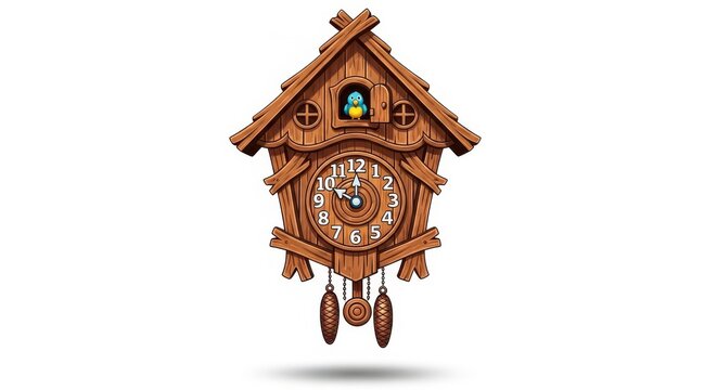 An isolated vintage wooden bird house designed as an antique cuckoo clock with a brown face, retro numbers, and a pendulum to decorate the wall and tell the hour