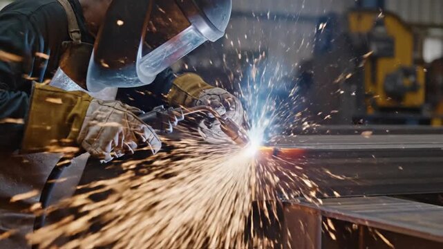Welder in action sparks fly in a workshop environment
