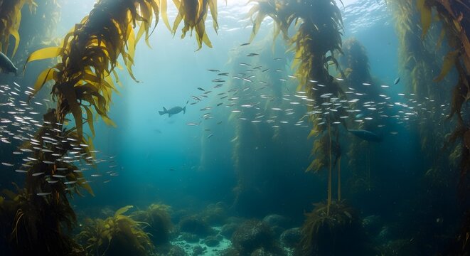 Kelp forest ecosystem with silverfish and marine wildlife