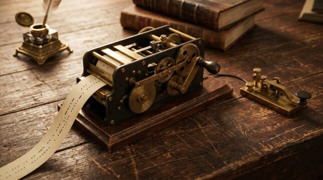 Antique Telegraph Machine Transmitting Messages on Rustic Victorian Desk at Night