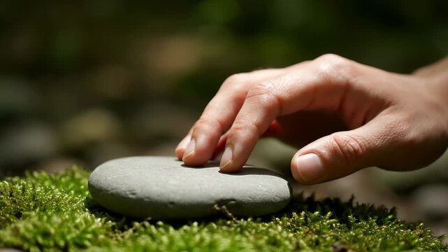 Close up of person hand touching a smooth grey stone on green moss for mindfulness and grounding concept representing peace and connection with nature