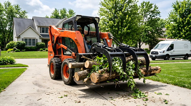 skid steer loader moving logs on residential driveway | landscaping equipment with grapple attachment for tree removal | heavy machinery working in suburban neighborhood front yard 