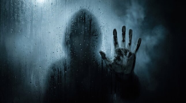 Ghostly Handprint on Fogged Glass in Dark Psychological Horror Scene