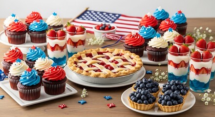 Patriotic desserts on a table with american flag. memorial day food