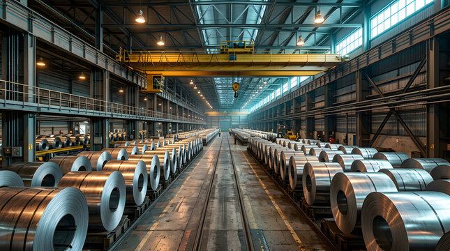industrial steel manufacturing plant interior | rows of galvanized steel coils in warehouse | heavy duty gantry crane in metal factory | cold rolled steel sheet coils production