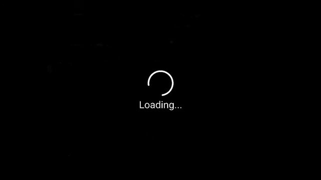 A minimalistic white circular loading spinner and 'Loading...' text on a black background, representing system processing or an internet connection wait time for digital content