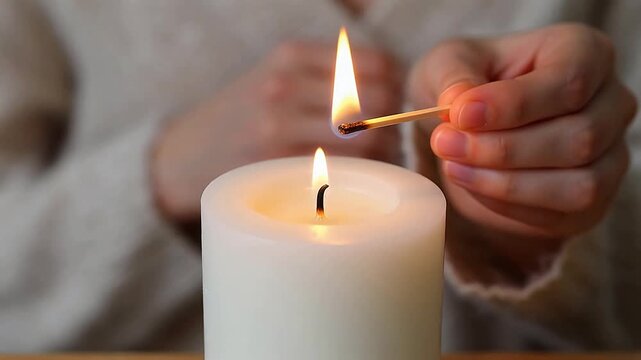 Person lighting a white candle with a match emphasizing fluid motion and vibrant color palettes