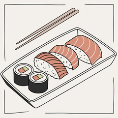 Sushi plate with chopsticks salmon maki rolls © Tas
