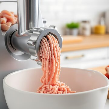 Meat grinder processes raw poultry into fine ground mince in a clean kitchen
