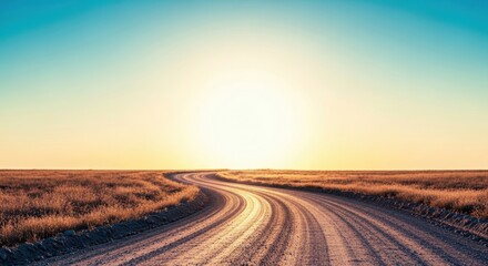 Fototapeta premium A winding dirt road stretching toward a bright, sunlit horizon, symbolizing the wide range of potential futures and unlimited opportunity ahead, route, bright, opportunity