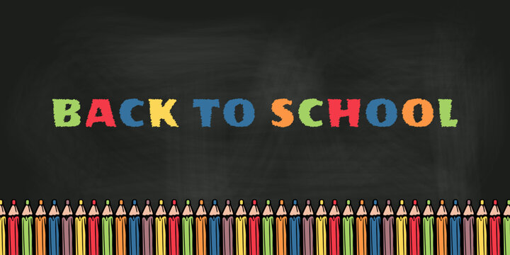 Back to school background featuring colorful chalk style lettering on a blackboard with a row of bright pencils. Ideal for education, classroom, learning, and seasonal promotions.