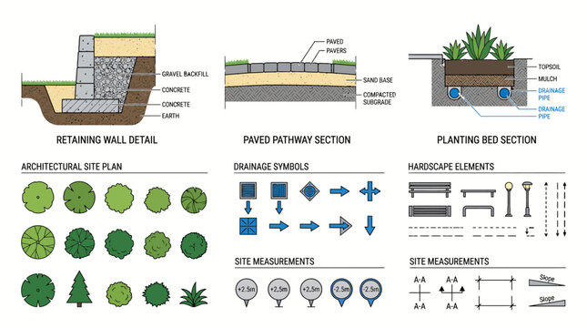 Architectural site plan details, showing retaining wall sections, pathways, and planting beds, vector illustration.