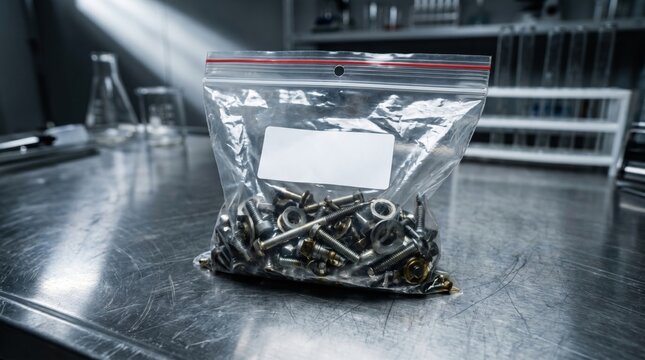Forensic Evidence Bag Filled With Metal Hardware on Stainless Steel Laboratory Table