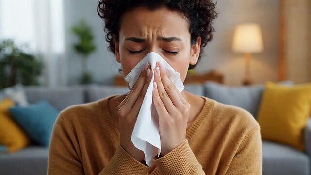 Woman blowing nose with tissue representing diversity, inclusion, and modern society