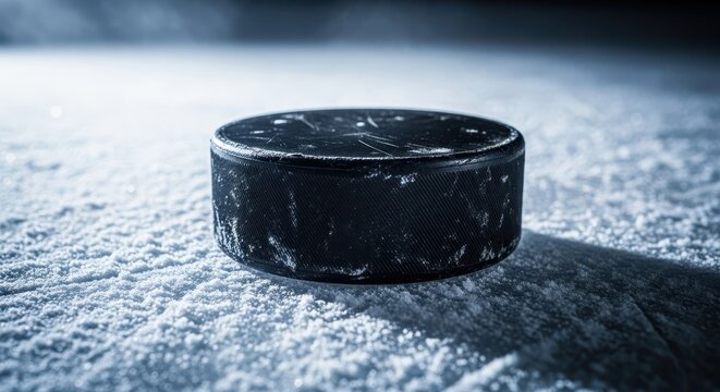 Close up view of a hard rubber puck centered on a frozen rink surface, showing texture, scrapes, and cold temperature, texture, accessory, scrape