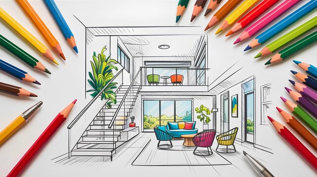 Creative interior design sketch with colorful pencils arranged in a frame, showcasing a modern living space with stairs and furniture