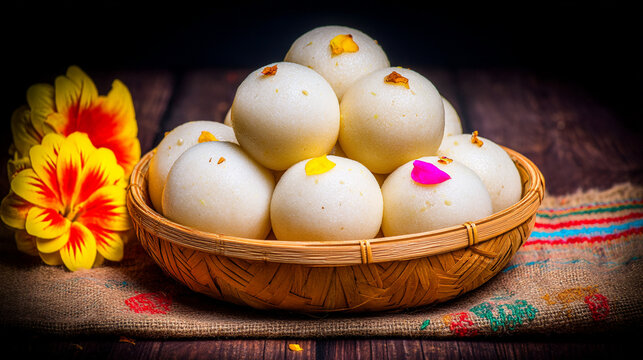 Bengali sweet rasgulla delicacy in traditional basket with south asian sugar rush rasgulla