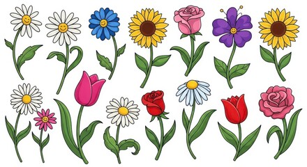 Fototapeta premium A vibrant spring nature illustration featuring a floral pattern of yellow, red, and pink tulip blossoms with green leaf accents in a beautiful summer bouquet design