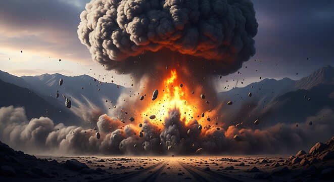 Massive explosion erupts in mountainous landscape, debris flung outwards under dramatic sky