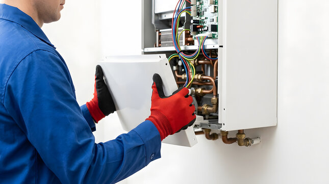 professional boiler maintenance service | HVAC technician repairing heating system | gas boiler inspection and annual service | heating engineer removing boiler casing