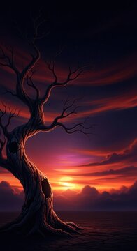 Silueta espeluznante de &aacute;rbol retorcido y seco contra un cielo nocturno oscuro, perfecto para fondos de miedo de Halloween, sombra, macabro, abandonado