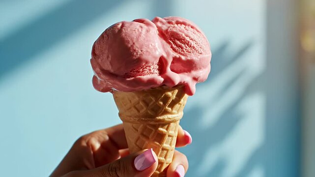 Bright Pink Strawberry Ice Cream Cone Held Up Against a Sunny Blue Wall Background