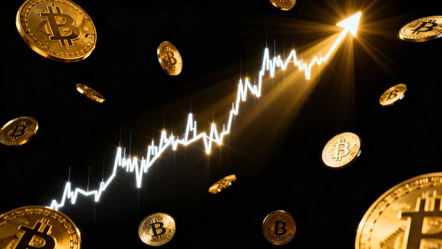 Bitcoin cryptocurrency price growth graph with golden coins and arrow on black background