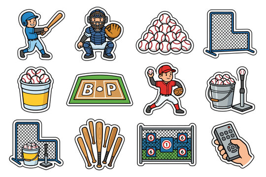 Baseball stickers collection: players, equipment, and training gear.